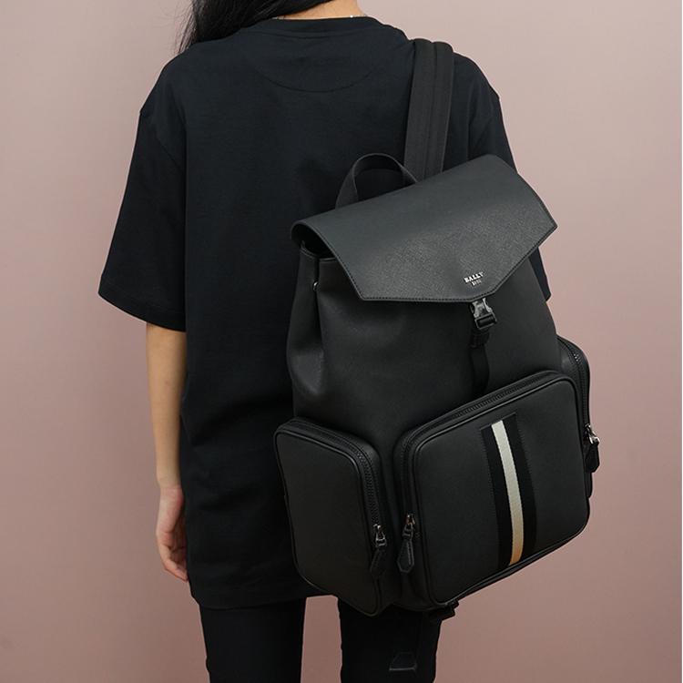 Bally Letter Logo Large Capacity Striped Lock Buckle Backpack Men Backpack Black 6303962
