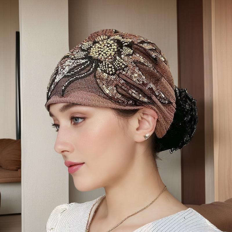 Sequin Flower Turban Hat Breathable Women Headscarf Headwear Bonnet Head Wraps Lady Beanie Cap