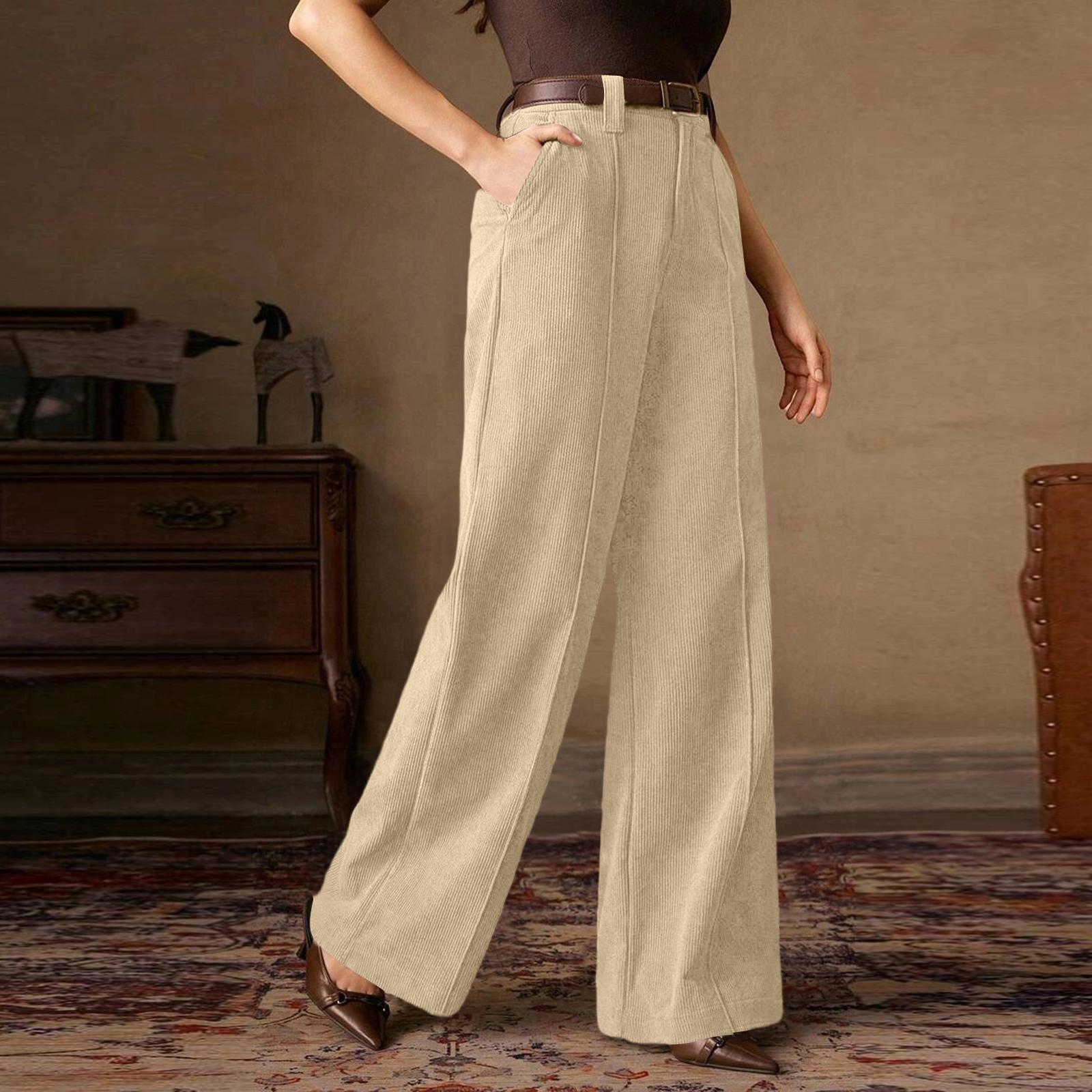 

High Waist Wide Leg Trousers for Women Business Casual Loose Fit Straight Leg Pants with Pockets and Belt Loops S хаки