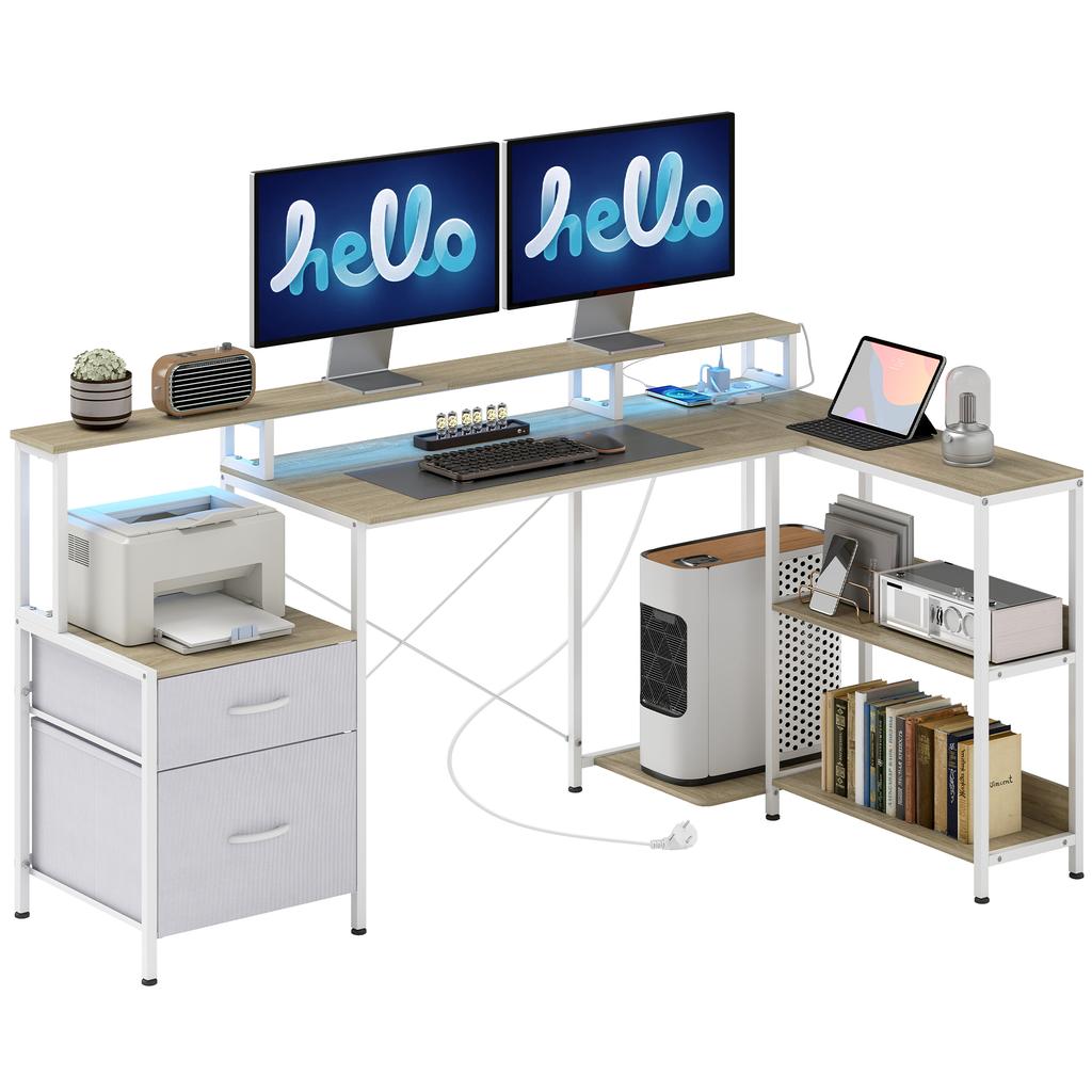 Corner Desk, Power Outlets, RGB LED, Monitor Stand, 2 Drawers, 172 x 100 cm, White