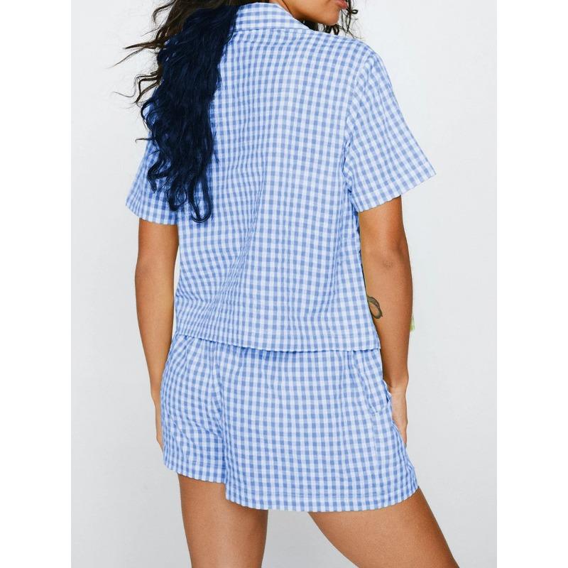 Yeni Gingham Pijama Şort Takımı Kadın 2 Parça Lounge Takımı Kısa Kollu Yaka Ekose Gömlek Üst Şort Pijama Takımları