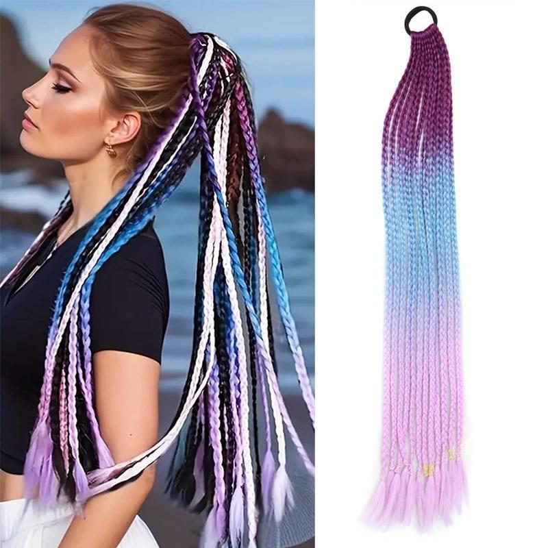 Braided Ponytail Hair Extensions 24 Inch Colorful Box Braids with Rubber Bands Synthetic Hairpieces for Girl  Women Accessories Crazy Hair Day
