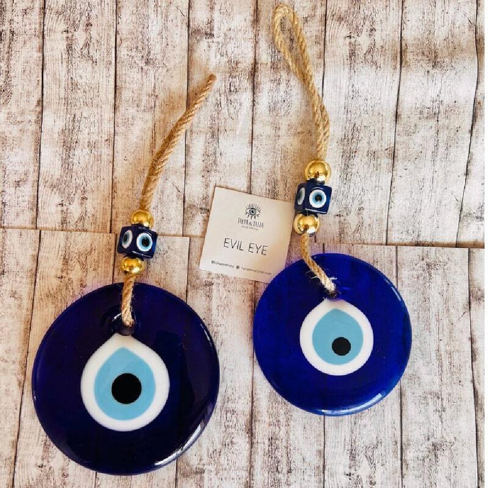 Bohemian Evil Eye Glass Wall Hanging, Turkish Nazar Amulet With Jute Rope, 2 Sizes For Home & Car Decor