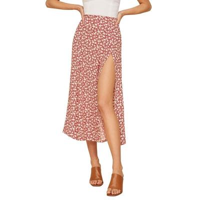 Split Long A-Line Skirts For Women Fashion Retro High Waist Skirt Floral Polka Dot Printed Elastic Beach Women Skirt 21756