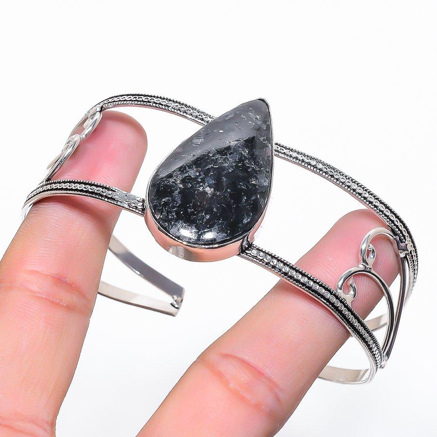 Natural Nuummite Gemstone 925 Sterling Silver Cuff Bangle Adjustable F8f80
