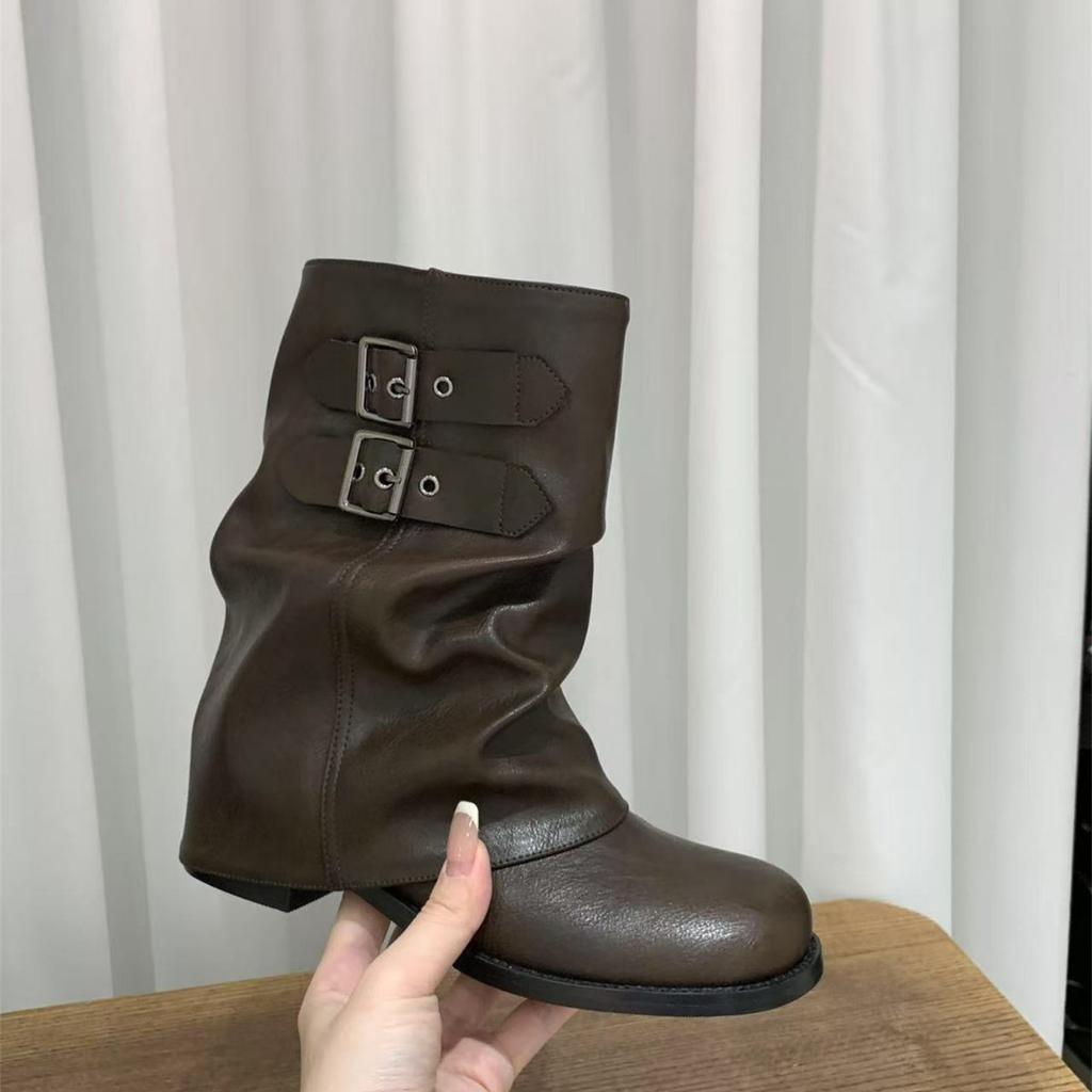 Coarse Heel Black Medium Martin Boots Women's Boots 2025 New Autumn and Winter Western Brown Maillard Pile Boots