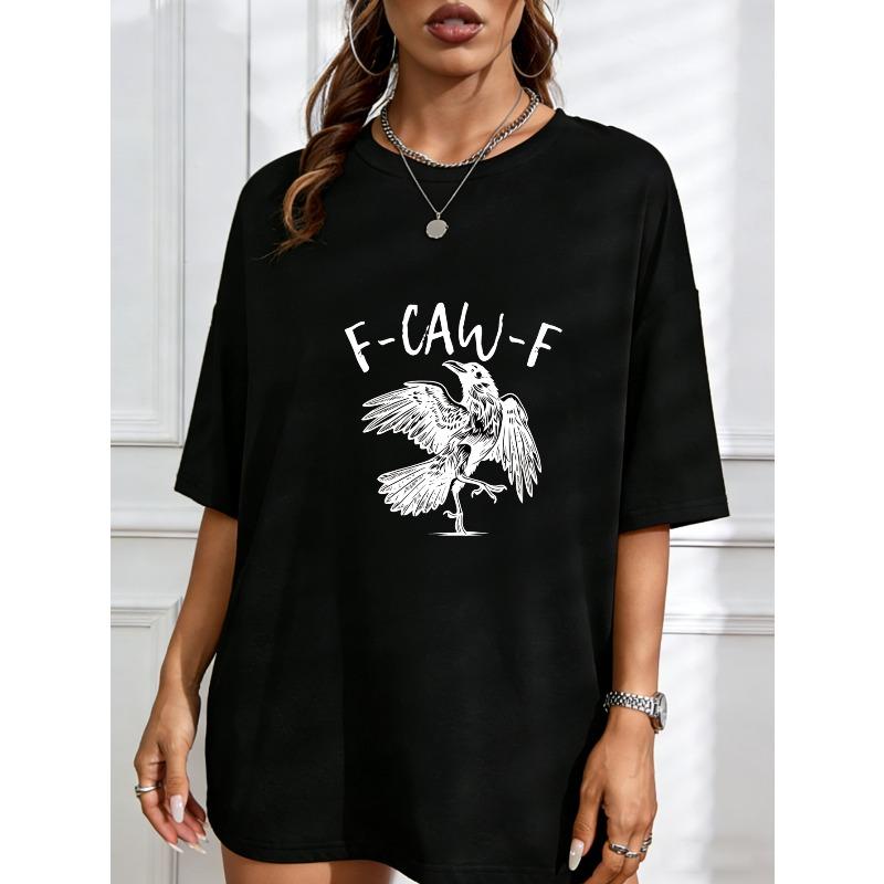 

White T Shirt With Bird And F Cag Text Print Casual Summer Top For Women XXXXL чорний