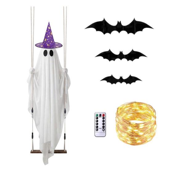 Gruselige Outdoor-Halloween-Dekorationen Schwingendes Geister-Hängeornament mit LED-Lichterkette für Dekoration, Verstellbare Große Festival-Dekoration Leuchtende Fledermaus