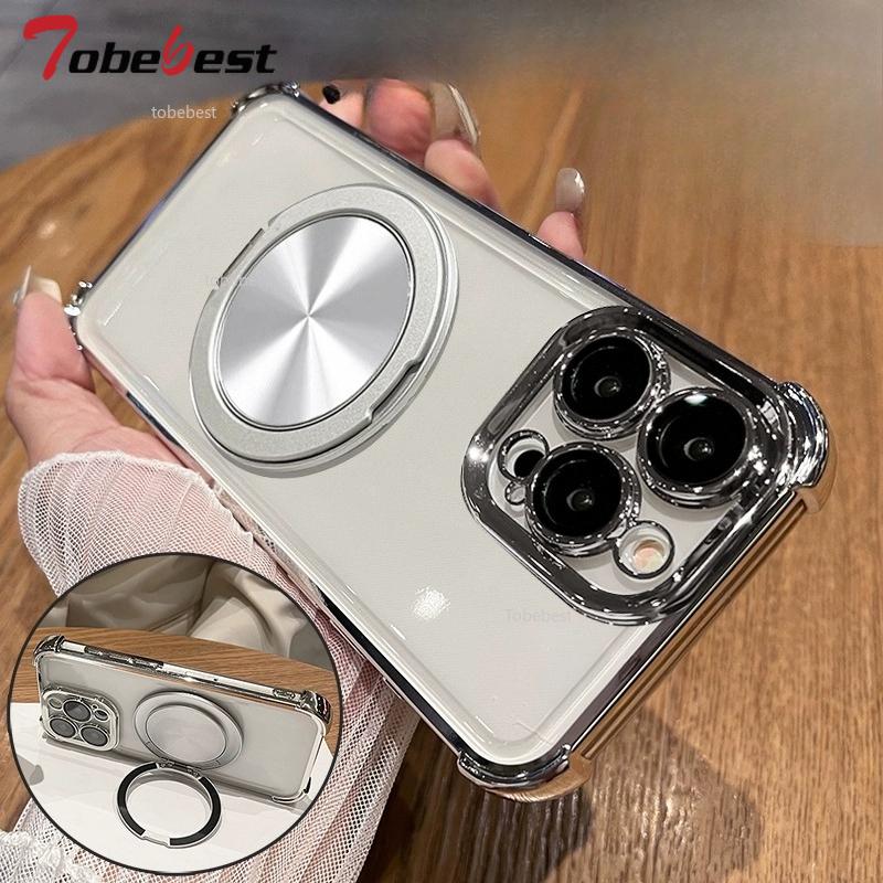 360 Degree Rotating Magnetic Bracket Shockproof Plating Case For iPhone 16 16E 15 14 Plus 13 12 11 Pro Max Silicone Cover