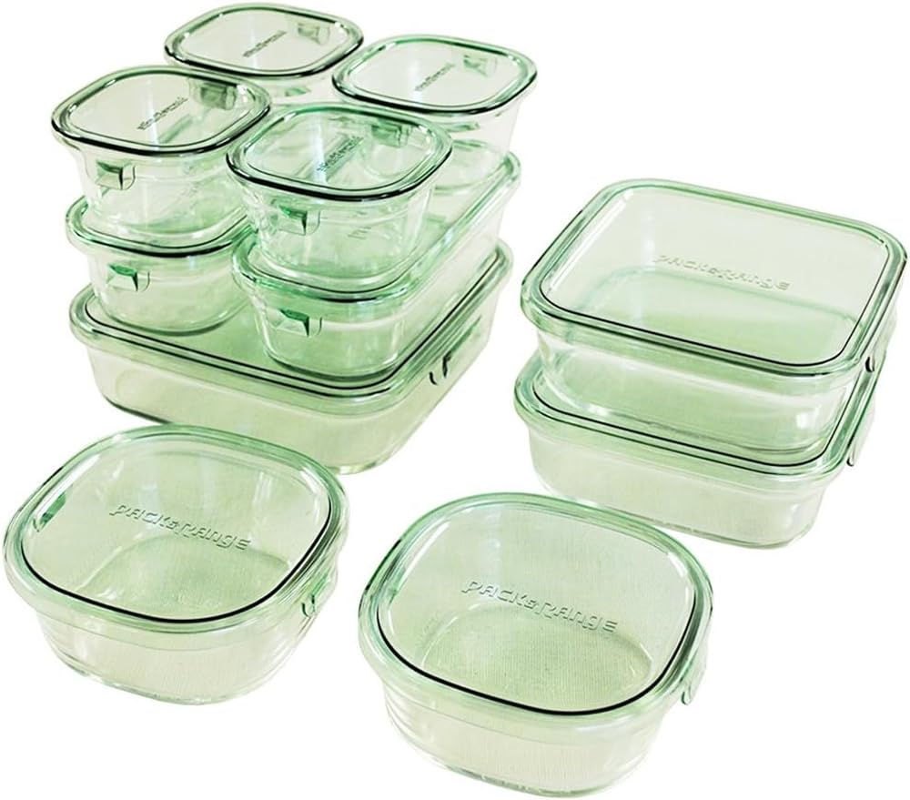 Iwaki Glass Storage Set of Pack Heat-Resistant Containers, Green, 11, & Microwave, PS-PRN-11G