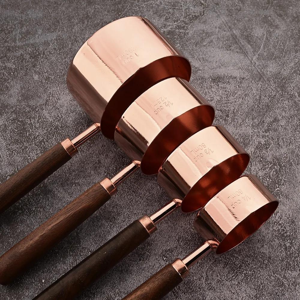 4/8Pcs Measuring Cups Spoons Stainless Steel Wooden Handle Baking Tools Coffee Measuring Spoon Set Bartending Scale Accessories