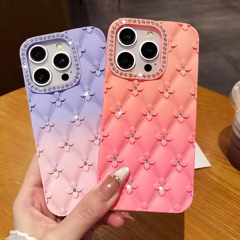 Luxury Glitter Rhinestone 6D Flowers Case for IPhone 17air 13 14 15 16 Pro Max Gradient Color Soft Silicone Shockproof Cover