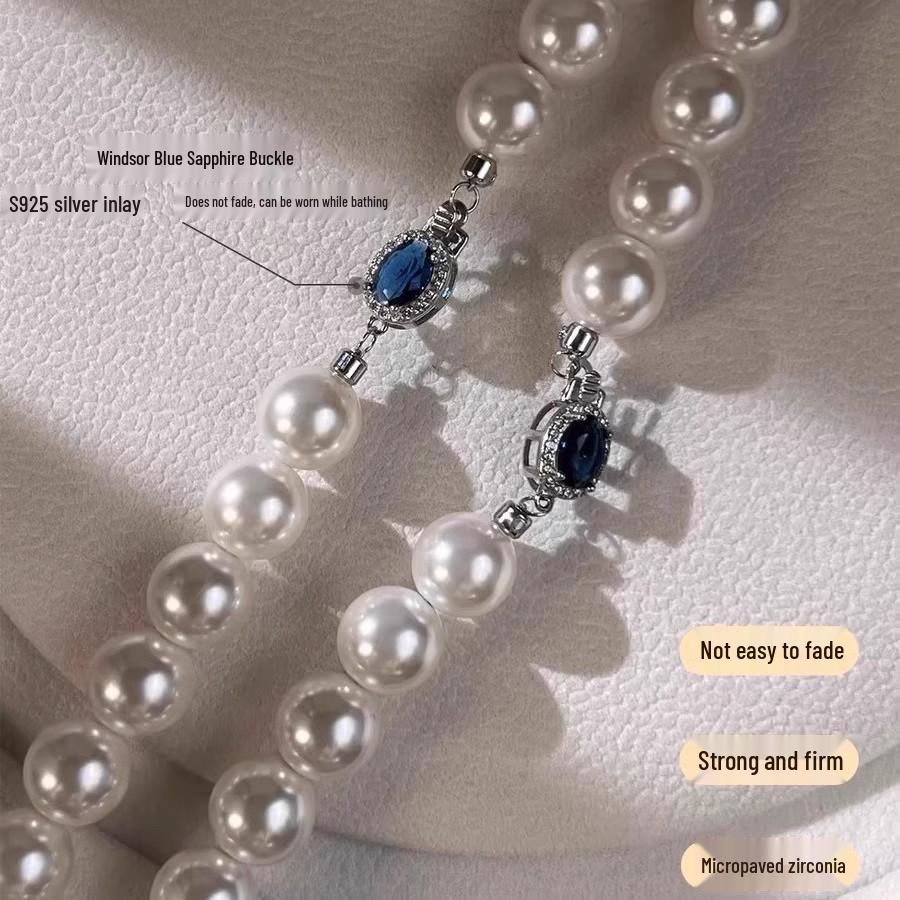 Natural Mother-of-Pearl Necklace with 925 Silver Sapphire Clasp, High Luster Shell Pearls, and Australian White Pearls.