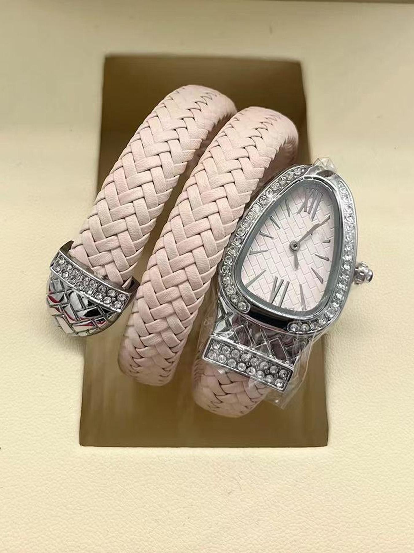 

Creative Serpentine Two Loop Steel Belt Personalized Fashion Full Diamond Women s Woven Strap Watch розовый