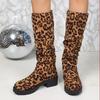 Large Size Leopard Print Suede Thick Heel Fashion Boots Women's Autumn and Winter New Fashion Versatile Wrinkled Stacking Boots