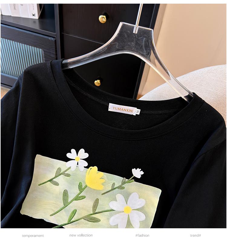 Damen Plus Size Locker Mittellanges Kurzarm-T-Shirt (Schlankmachend, Rundhals) - Erhältlich in Größen 200/300/350 Jin, Stil 6109
