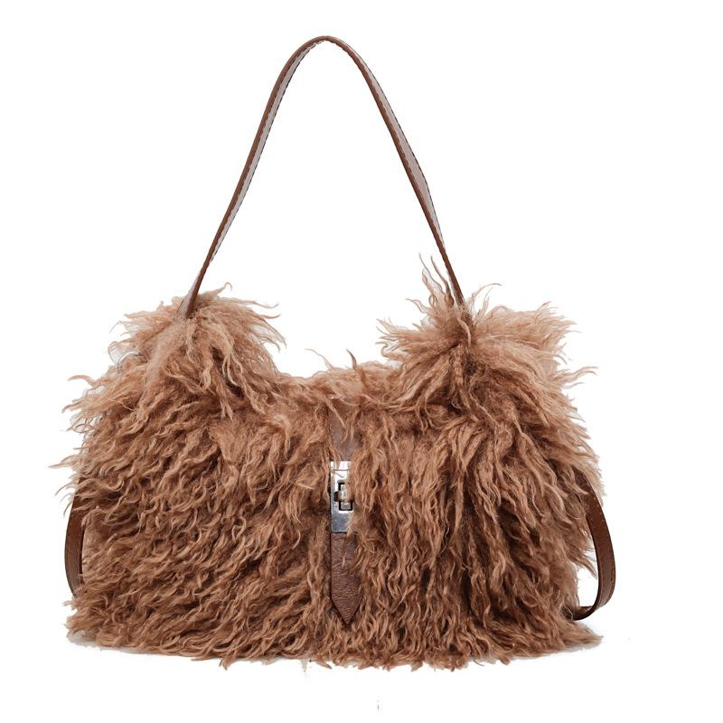 Casual Foreign Plush Portable Bucket Bag Women's 2025 Autumn and Winter New High-value Light Luxury Niche Shoulder Messenger Bag