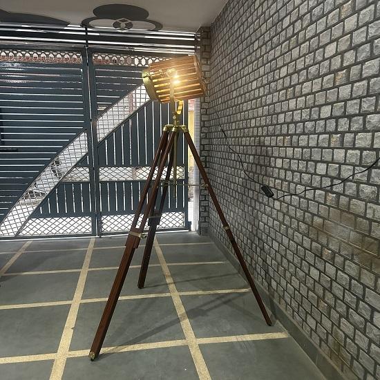 Industrial Handcrafted Floor Lamp with Wooden Tripod | Collectible Home | Studio Spotlight Spotlight