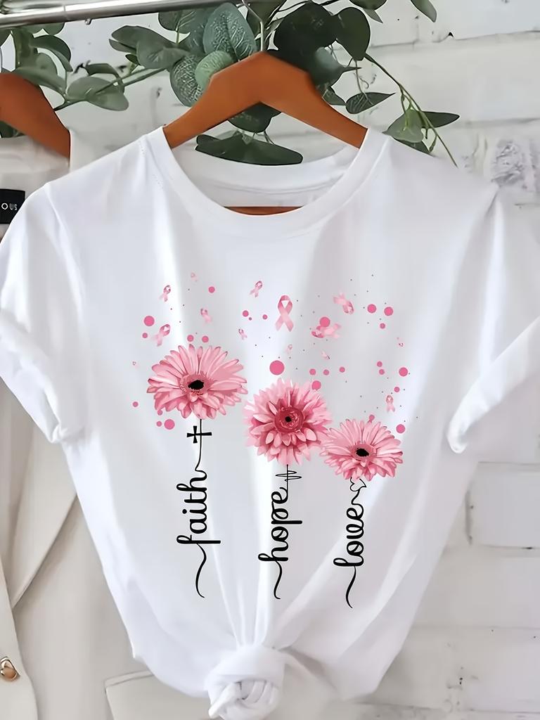 European sizes Women's Casual Short Sleeve T-Shirt  Inspirational Print - Faith Hope Love Geometric Design, Soft Polyester, Relaxed Fit Round Neck