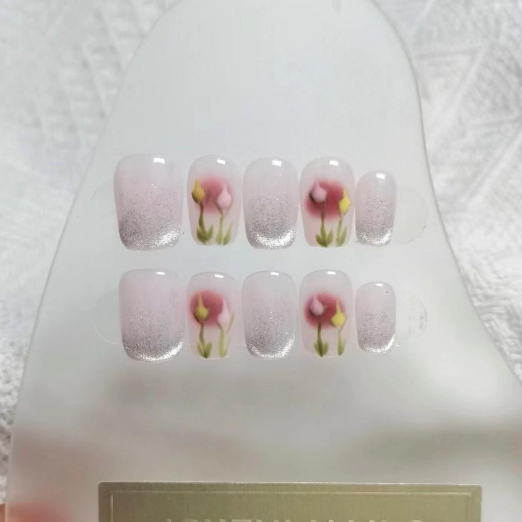 

Handmade Nail Makeup Gentle Hand Painted Flower Halo Dye Cute Style Patch Nail XS