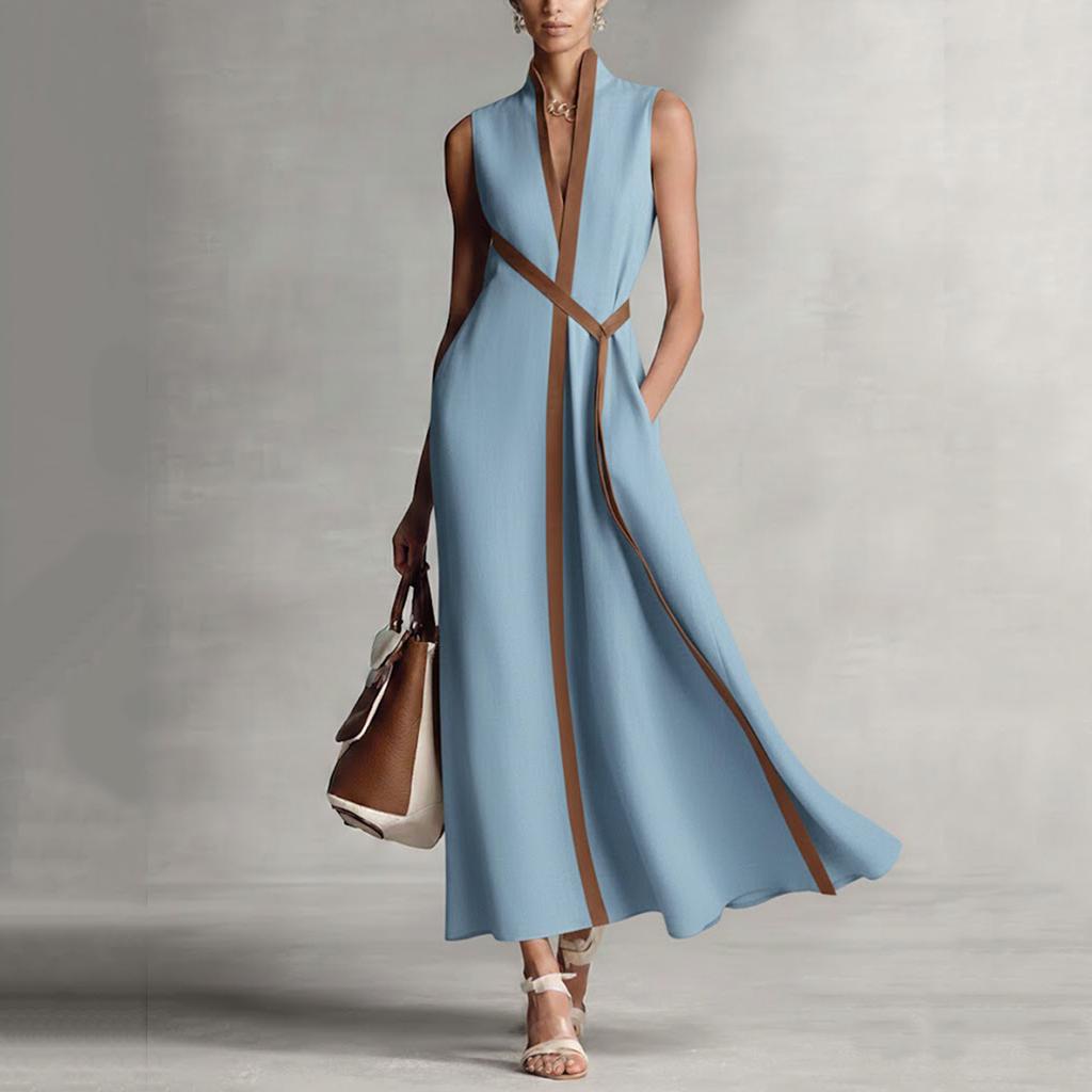Women's Fashionable Vintage Stand Collar Sleeveless Casual Color-Blocked Loose Dress