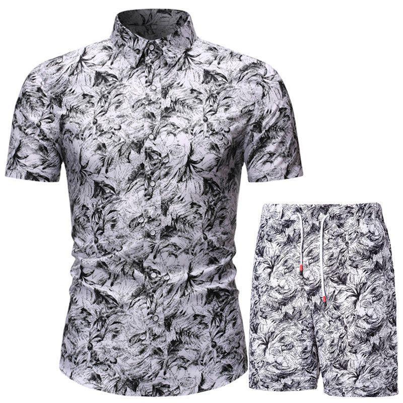 Hawaiian Beach Flower Shirt Short Sleeve Men's Large Size Shirt Shorts Printed Two-piece Suit