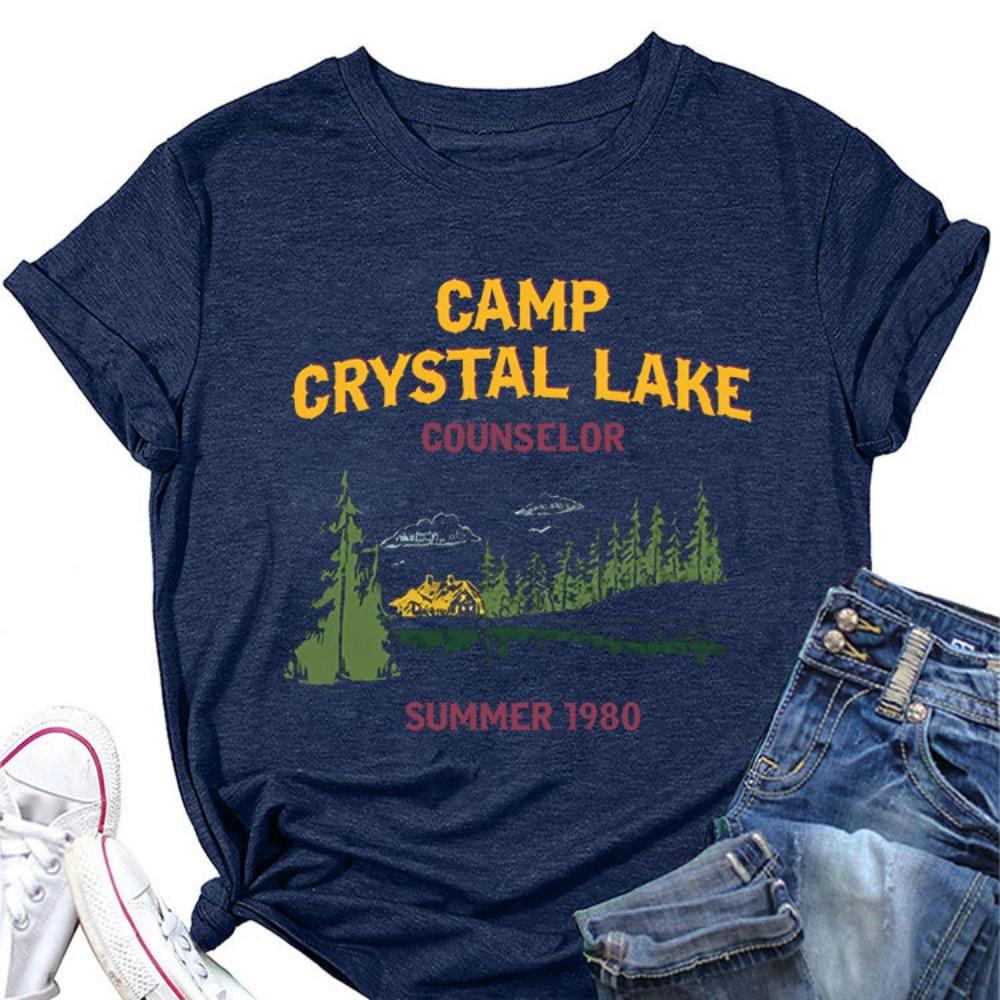 Summer New Women's Short Sleeved T-shirt Camp Crystal Lake Print Loose Round Neck Casual Top Paired with All Fashionable Clothing
