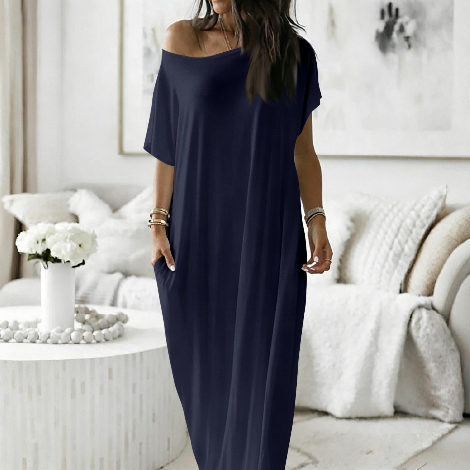 Women s Fashion Color Short-Sleeved Long Casual Dres L