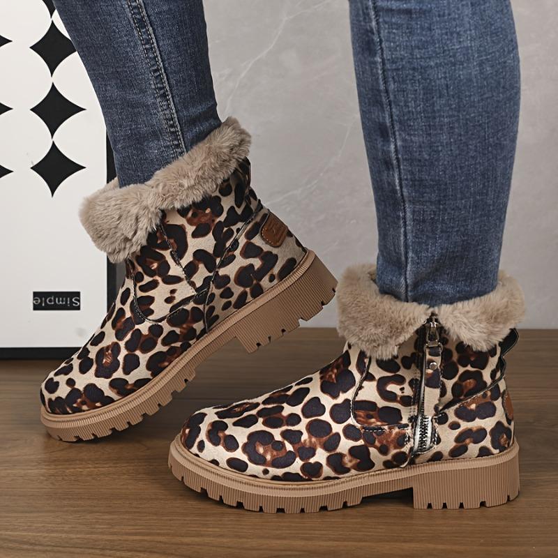 Women's Winter Snow Boots Thick Cushioned TPR Outsole Side Zipper Warm Upper Slip-Resistant Black/Brown/Leopard Print