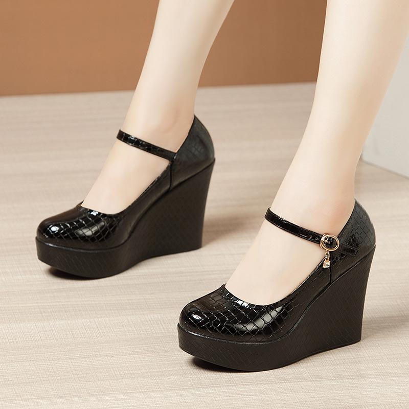 High Heels Plus Size32-43 Platform Wedges Female Pumps Women's Patent Leather Buckle Ankle Strap Wedding Shoes Black Work Shoes