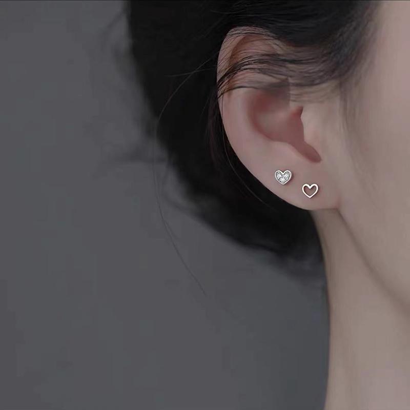 Real 925 Silver Zircon Hollow Heart Mini Stud Earrings For Women Trendy Fine Jewelry Small Niche Luxury Accessories