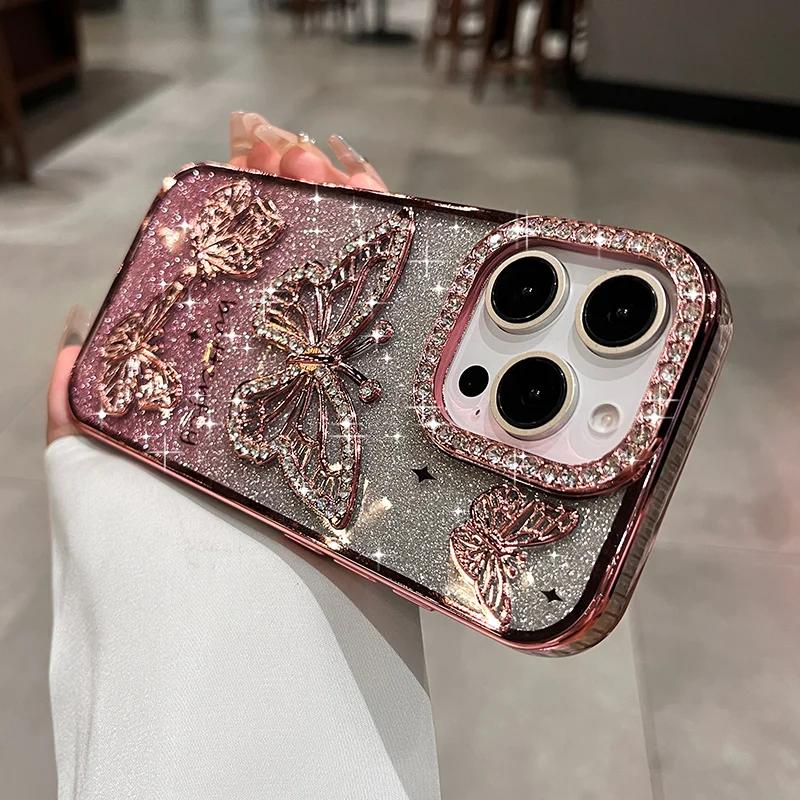 Süßes Cartoon 3D Schmetterling Diamant Hülle für Für Iphone 16 1 14 13 12 11 Pro Max Plus Glitzer Farbverlauf Beschichtung Weiche Stoßfeste Abdeckung
