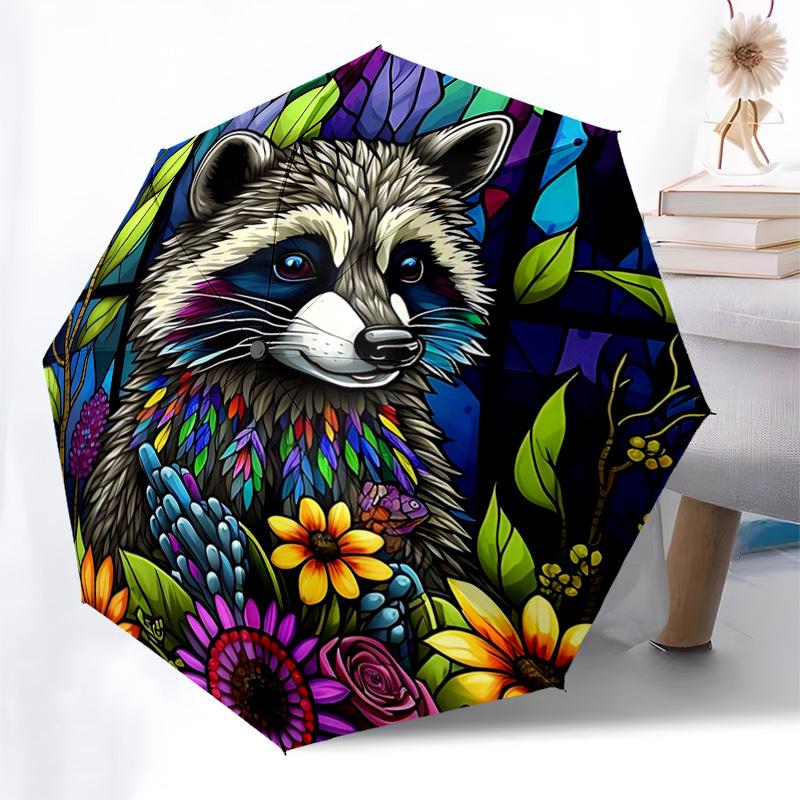 

1pc Stained Glass Raccoon & Flowers Auto Open Close Umbrella, Portable 3-Fold Design with 8-Bone Iron Frame, Outdoor for Festivals, Fans, Travelers, D