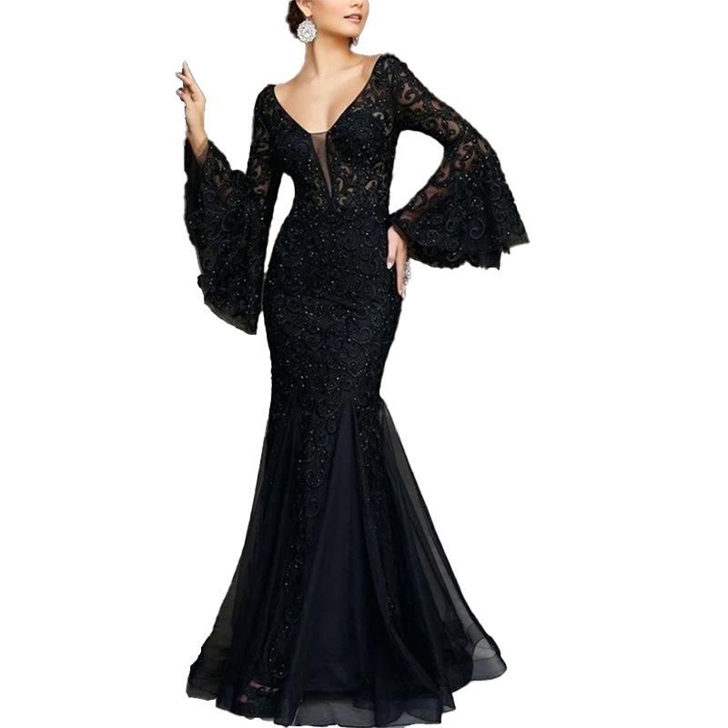 Elegant 2025 Black Lace Embroidered Fishtail Evening Dress for Women