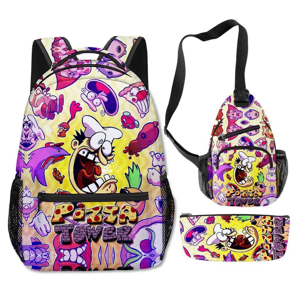 Klassisch Neuheit Eigenartig Cool Pizza Turm 3D Druck 3er Set Schultaschen Multifunktionale Reise Rucksack Brusttasche Federmäppchen