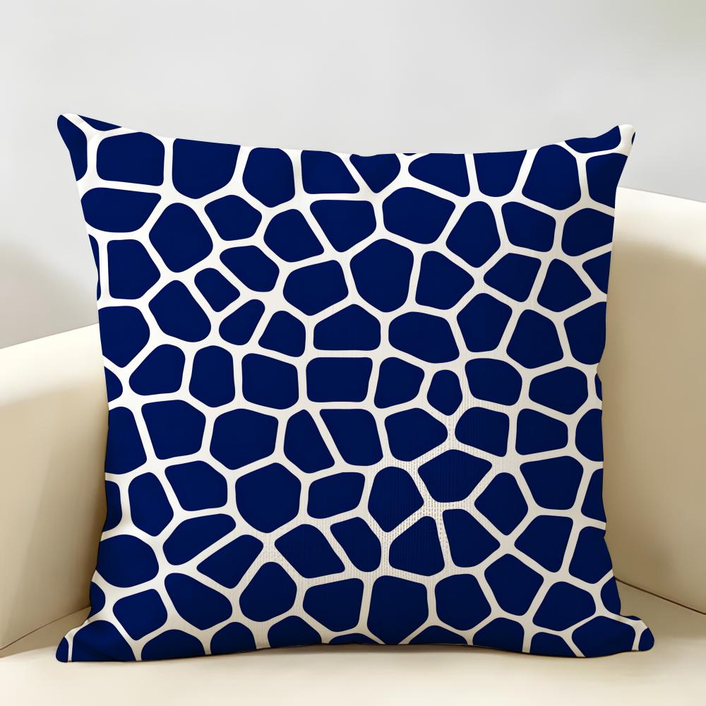 Nordic Style Geometric Blue Pattern Cushion Cover Natural Linen Organic Fabric Printing Breathable Perfect For Home Decor
