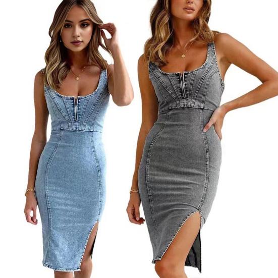 Dámské letní džínové šaty Nízký střih s výstřihem do U, bez rukávů, na zip, zapínání na zip Slim střih Znuděný, boční, retro, plášť, midi šaty