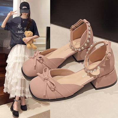 French Bow Thick Heel Mary Jane Shoes Female 2025 Summer New Fairy Style with Skirt High Heels Fashion Sandals