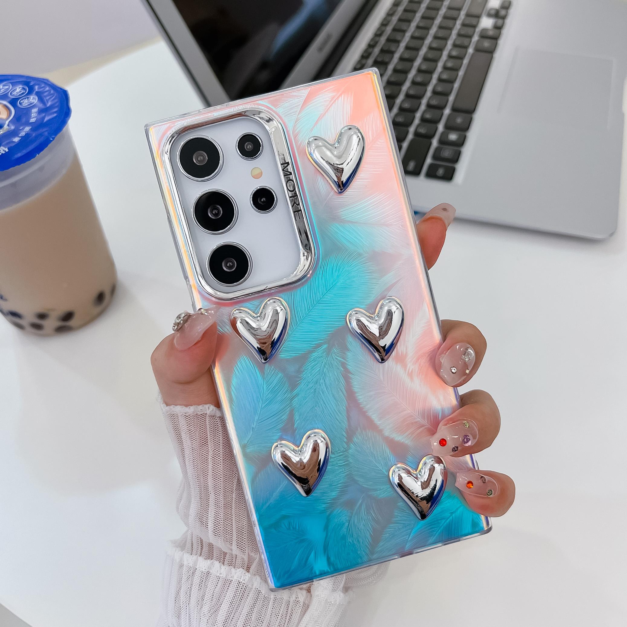 

For Samsung Galaxy S24 Ultra IMD Phone Case Electroplating PC+TPU Cover with Heart Decor AK1