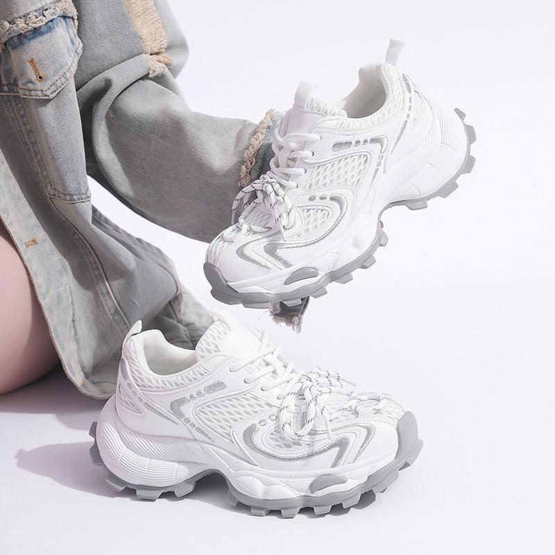 Leather Single Mesh Breathable Dad Shoes Women's Summer New Versatile Thick-soled Heightening Casual Sports Shoes