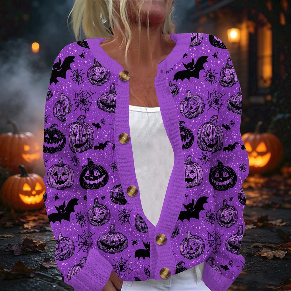 Women's Halloween Print Long Sleeve Knit Button Front Cardigan
