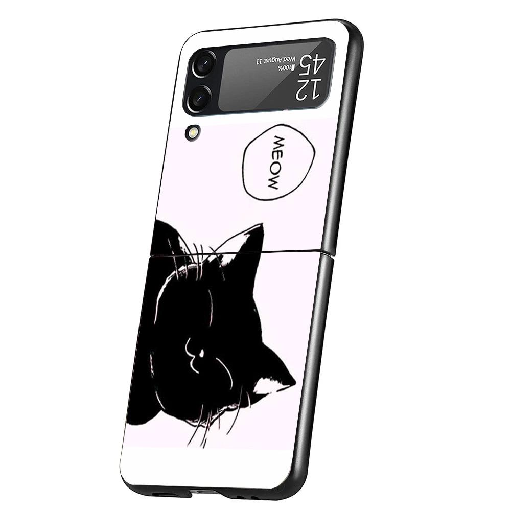 Cat Cute Kitten Cartoon Case Phone Cover for Samsung Galaxy Z Flip 7 6 5 4 3 5G ZFlip7 ZFlip6 ZFlip5 ZFlip4 ZFlip3 Black Fundas
