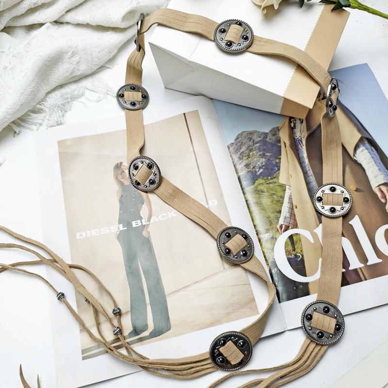 

Vintage Minority Style Inlaid Waist Chain, Indian Tribal Merry Sioux Belt, Belt Bohemian Black Rope