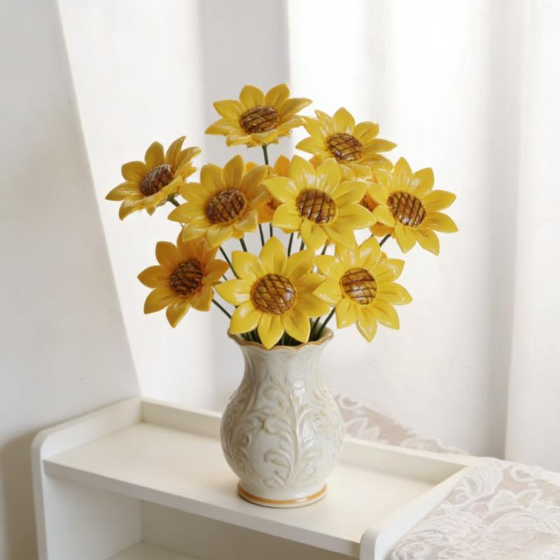 10/20/40pcs Hand-Pinched Ceramic Sunflower Flowers Realistic Decoration TV Cabinet Desktop Shelf Flower Ornament Home Decor Gift