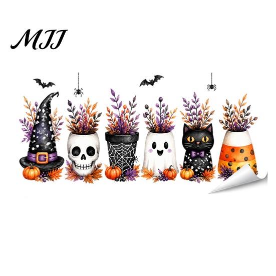 Gift for Halloween Party Setup Window Static Sticker, Castle/Bat/Pumpkin/Bouquet Printed, PVC Waterproof Removable Decorative Clings Decals