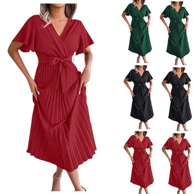 New Fashionable Women's Style Cross V-neck Large Hem Pleated Long Dress