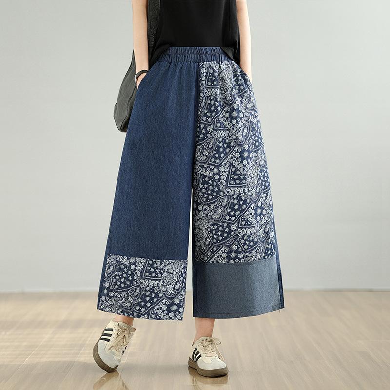 

Vintage Patchwork Cropped Jeans Pants for Women Autumn Loose High Waist Casual Straight Denim Pants Female M синій