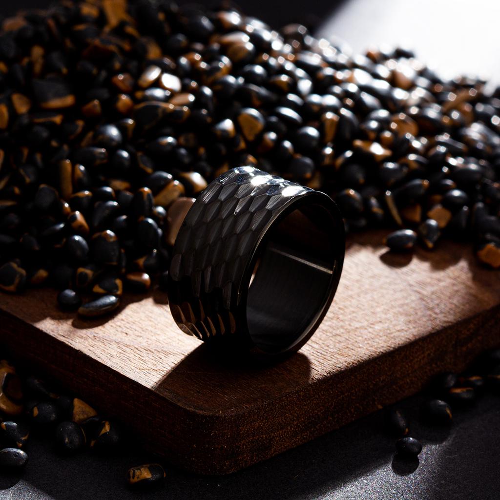 12MM Mens Silver Color Stainless Steel Ring Hammered Multi-Faceted Polished Stepped Edges Men Engagement Ring Anniversary Gifts