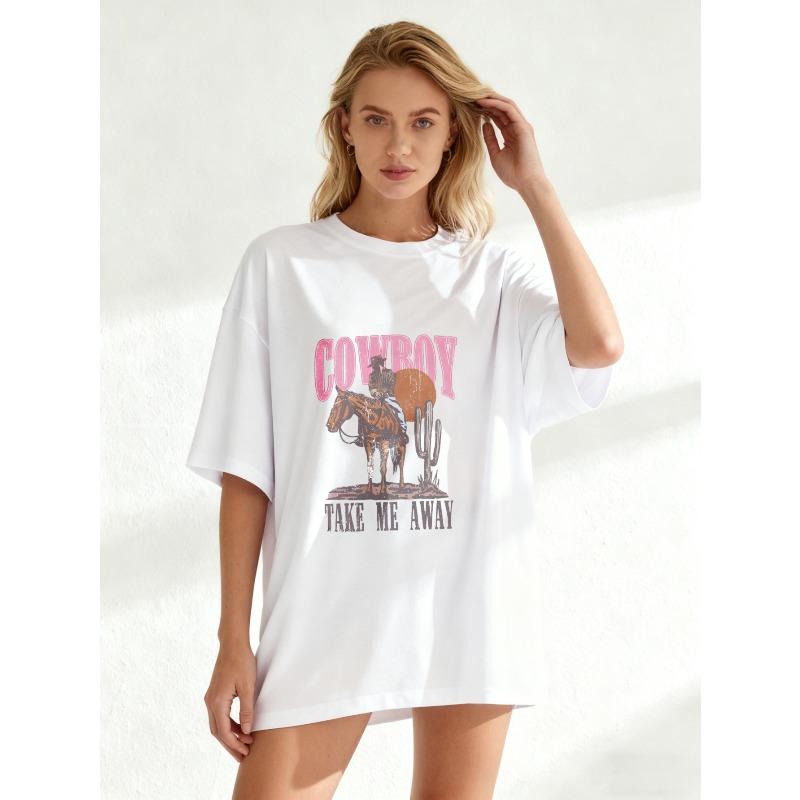 Oversized T Shirt Black Cowboy Take Me Away Graphic Print Western Theme Casual Wear For Women Summer Outfit Streetwear Fashion