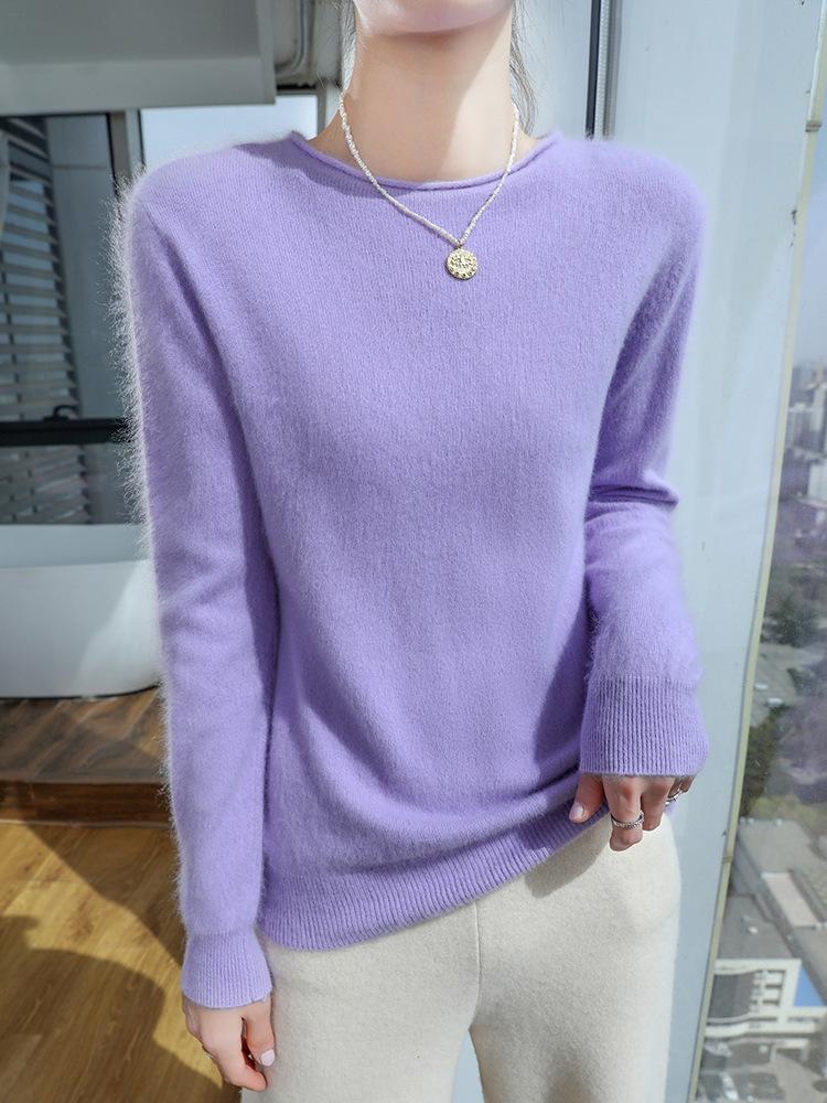 2025 Women's Mink Cashmere Sweater: Semi-High Neck, Rolled Edge Knitted Pullover for Spring & Autumn